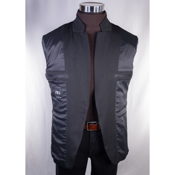 Zara Bazer Mens Sz 40 Solid Black One Button Sport Coat Jacket Blazer Poly Blend - Picture 11 of 15